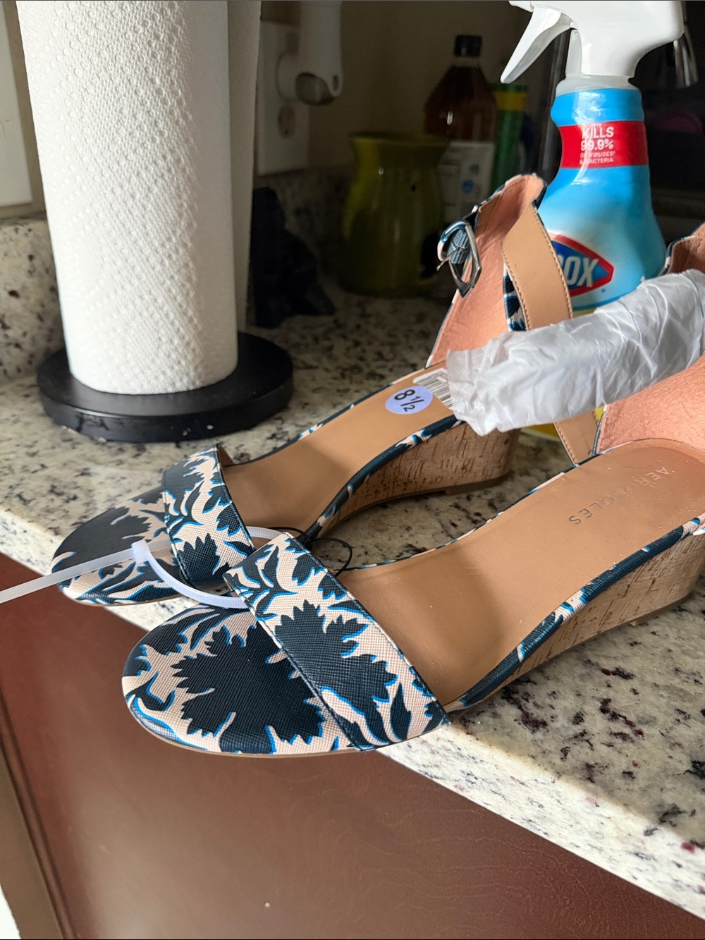 AEROSOLES Floral Print Cork Wedge Sandals in Blue and Cream